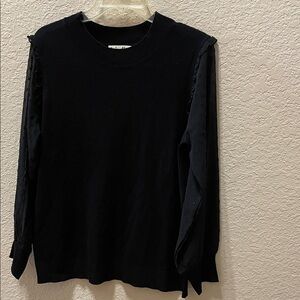 Women's Crewneck Sweater with Textured Sleeve Detail - Black